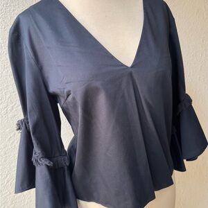 N/Nicholas Women's Cotton V-Neck Frill Detail Bell Sleeve Blouse Top Blue 6‎